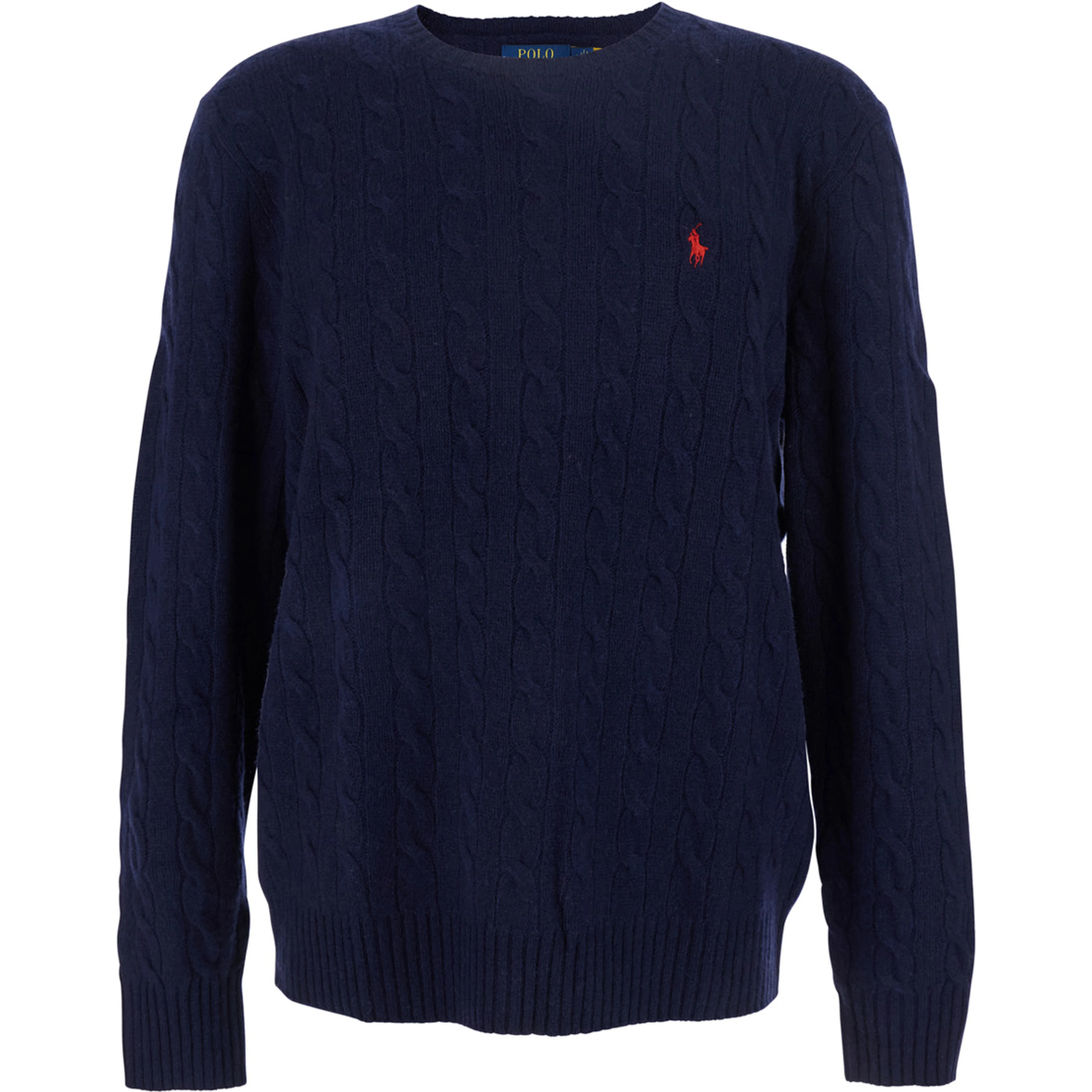 Crewneck Sweater with Braided Knit and Pony Embroidery on the Front in Wool and Cashmere Blue Men