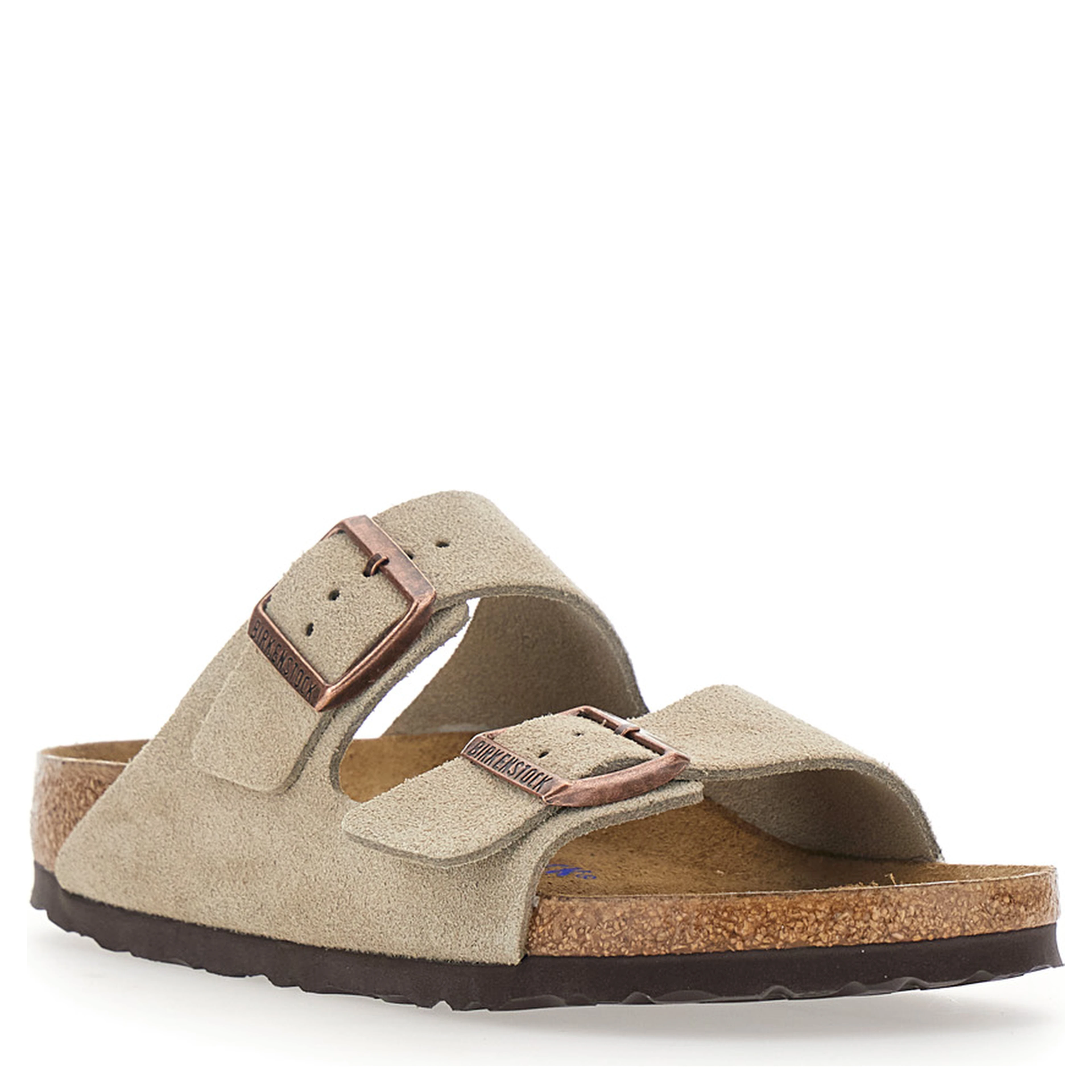 Arizona Beige Sandals with buckle straps and logo lettering on the side in leather for women