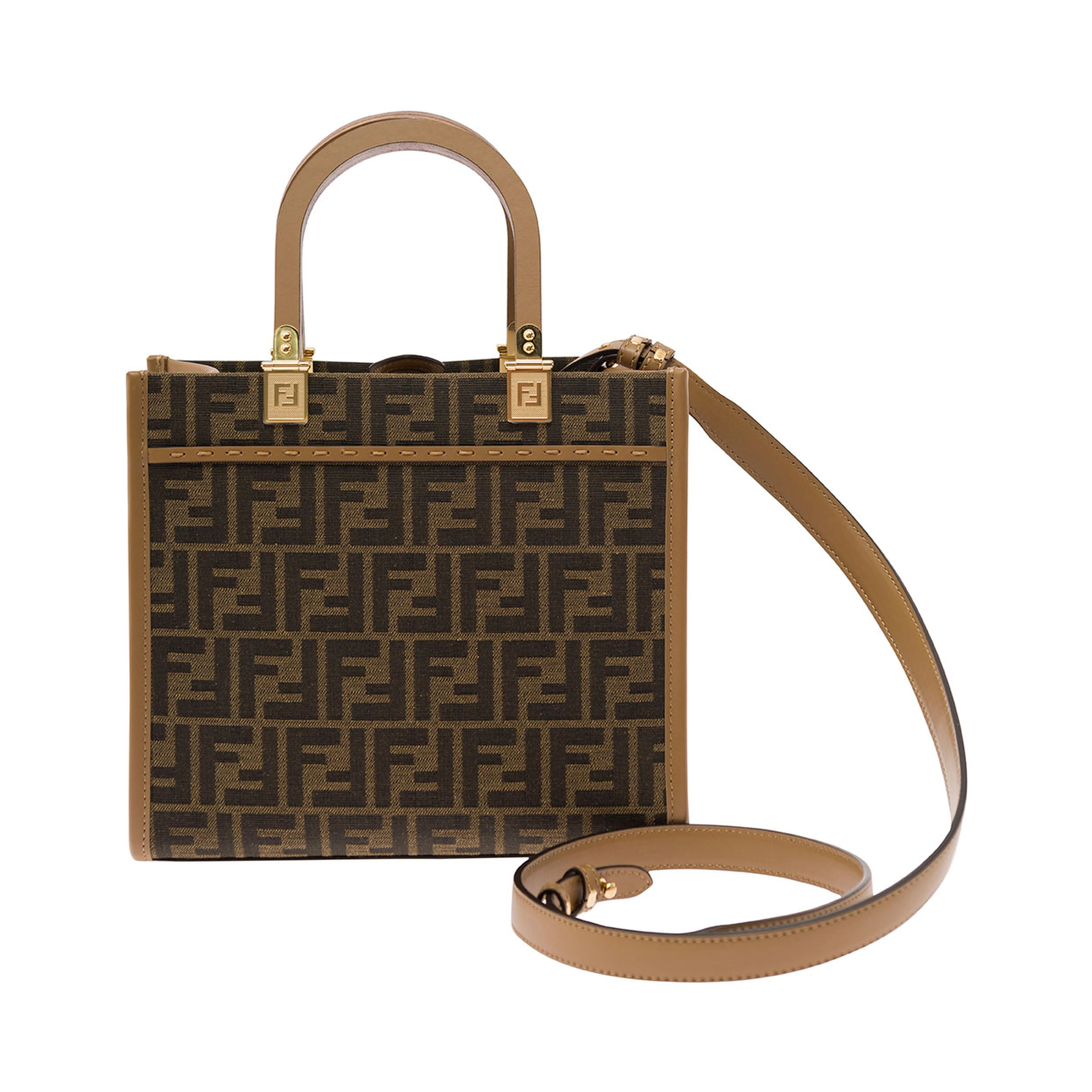 Tote bag Piccola Sunshine with FF Jacquard Fabric and Brown Leather for Women