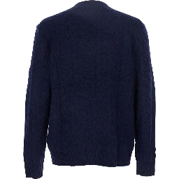 Crewneck Sweater with Braided Knit and Pony Embroidery on the Front in Wool and Cashmere Blue Men