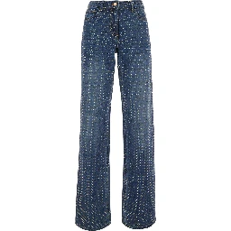 Blue Jeans with logo patch on the back and all-over crystals in denim for women
