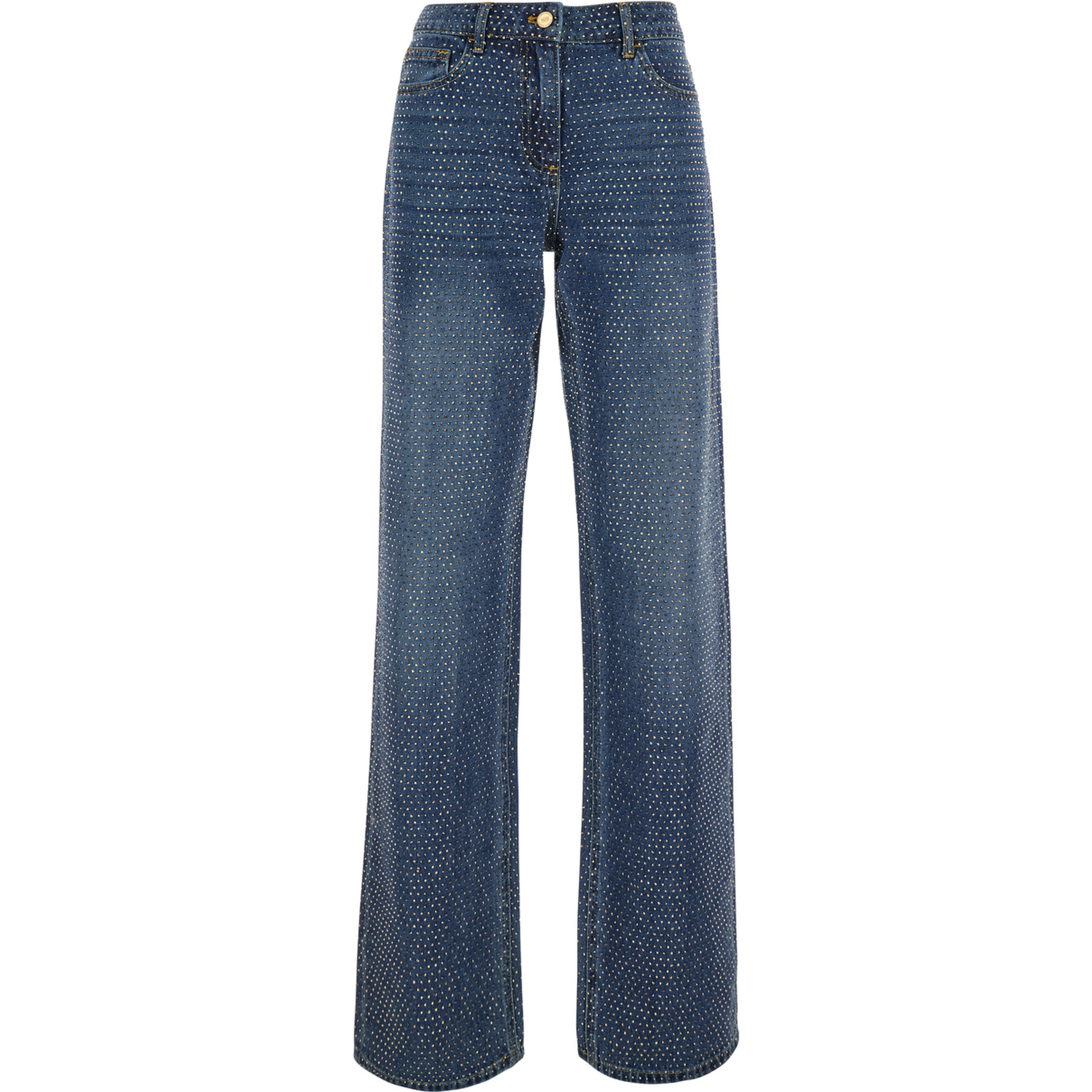 Blue Jeans with logo patch on the back and all-over crystals in denim for women
