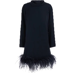Black High Neck Dress with Bow on the Back and Feather Hem in Tech Fabric for Women