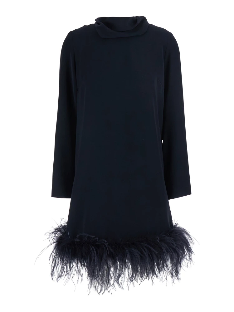 Black High Neck Dress with Bow on the Back and Feather Hem in Tech Fabric for Women