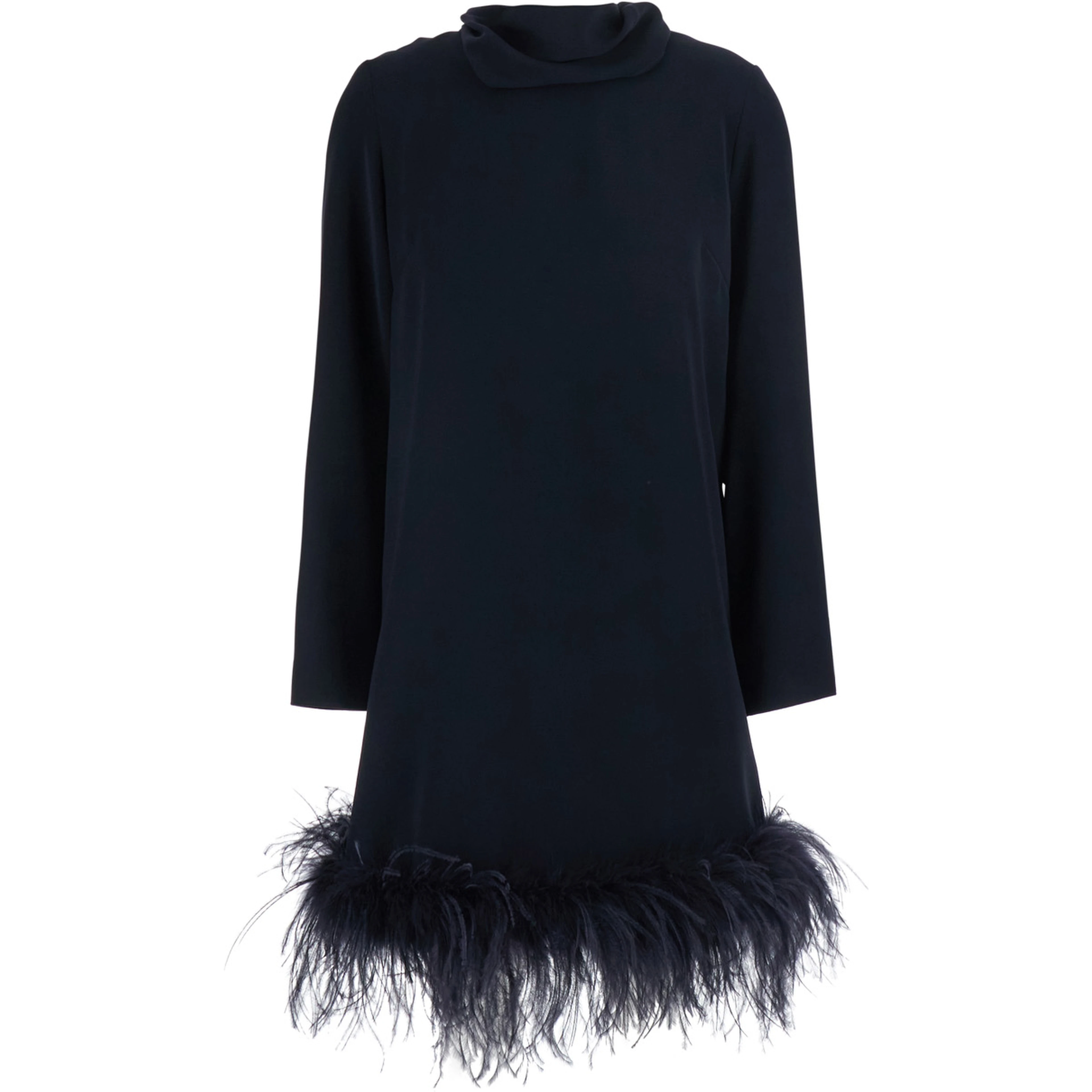 Black High Neck Dress with Bow on the Back and Feather Hem in Tech Fabric for Women