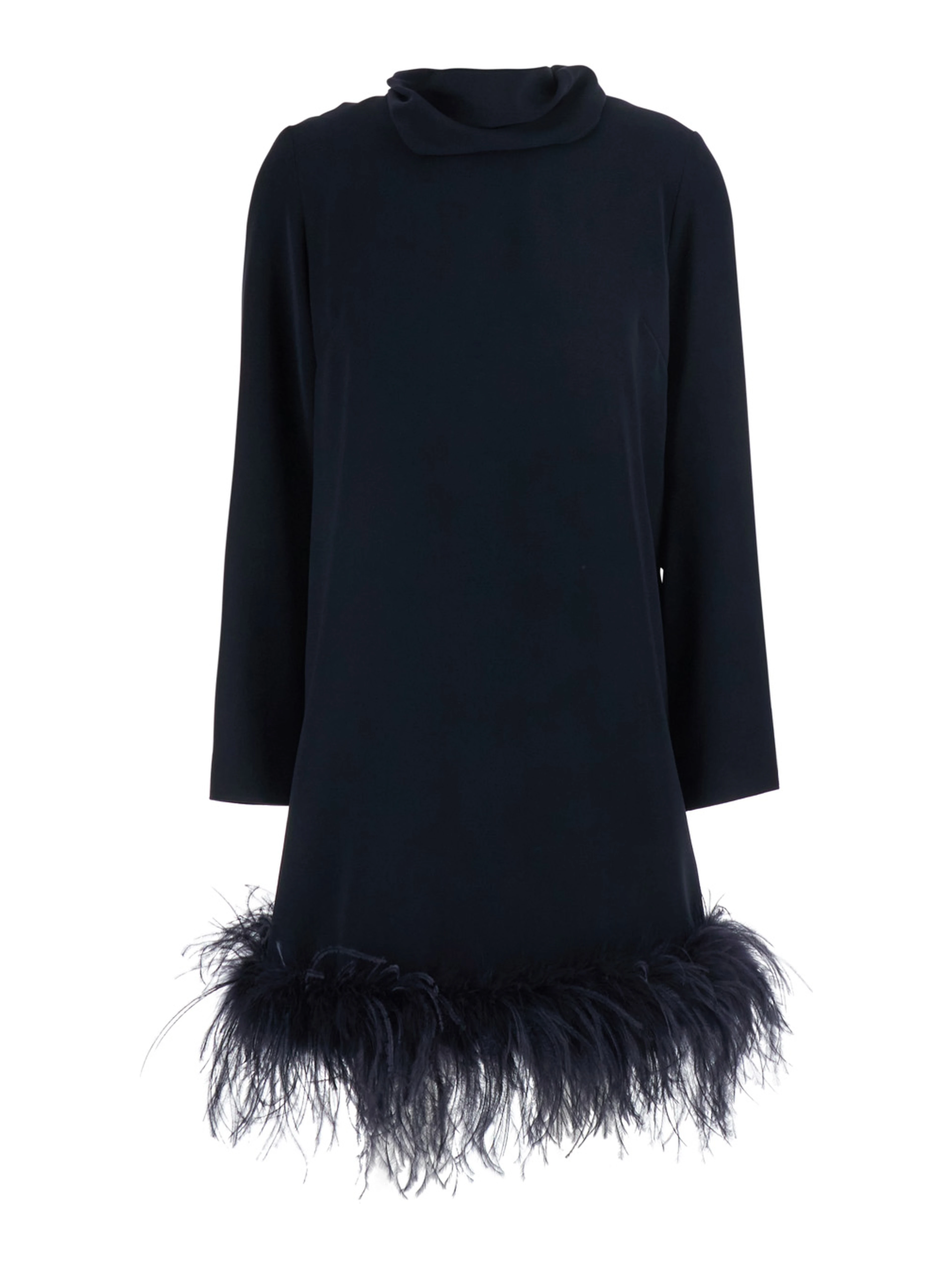 Black High Neck Dress with Bow on the Back and Feather Hem in Tech Fabric for Women