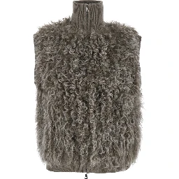Beige Sleeveless Jacket with High Collar and Applied Fur in Wool for Women