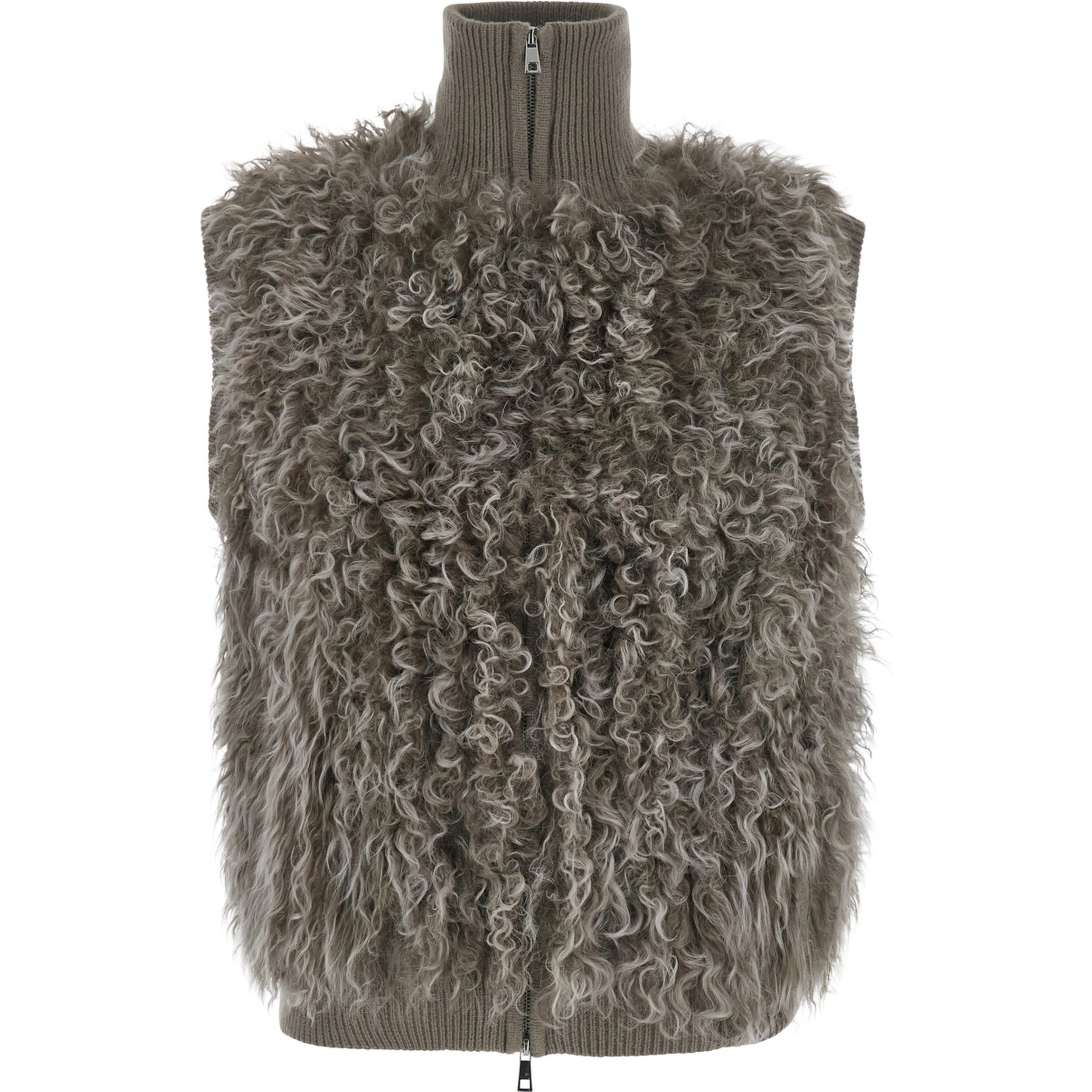 Beige Sleeveless Jacket with High Collar and Applied Fur in Wool for Women