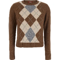 Faraone Brown Short Crew Neck Sweater with Diamond Motif on the Front in Wool and Cashmere for Women