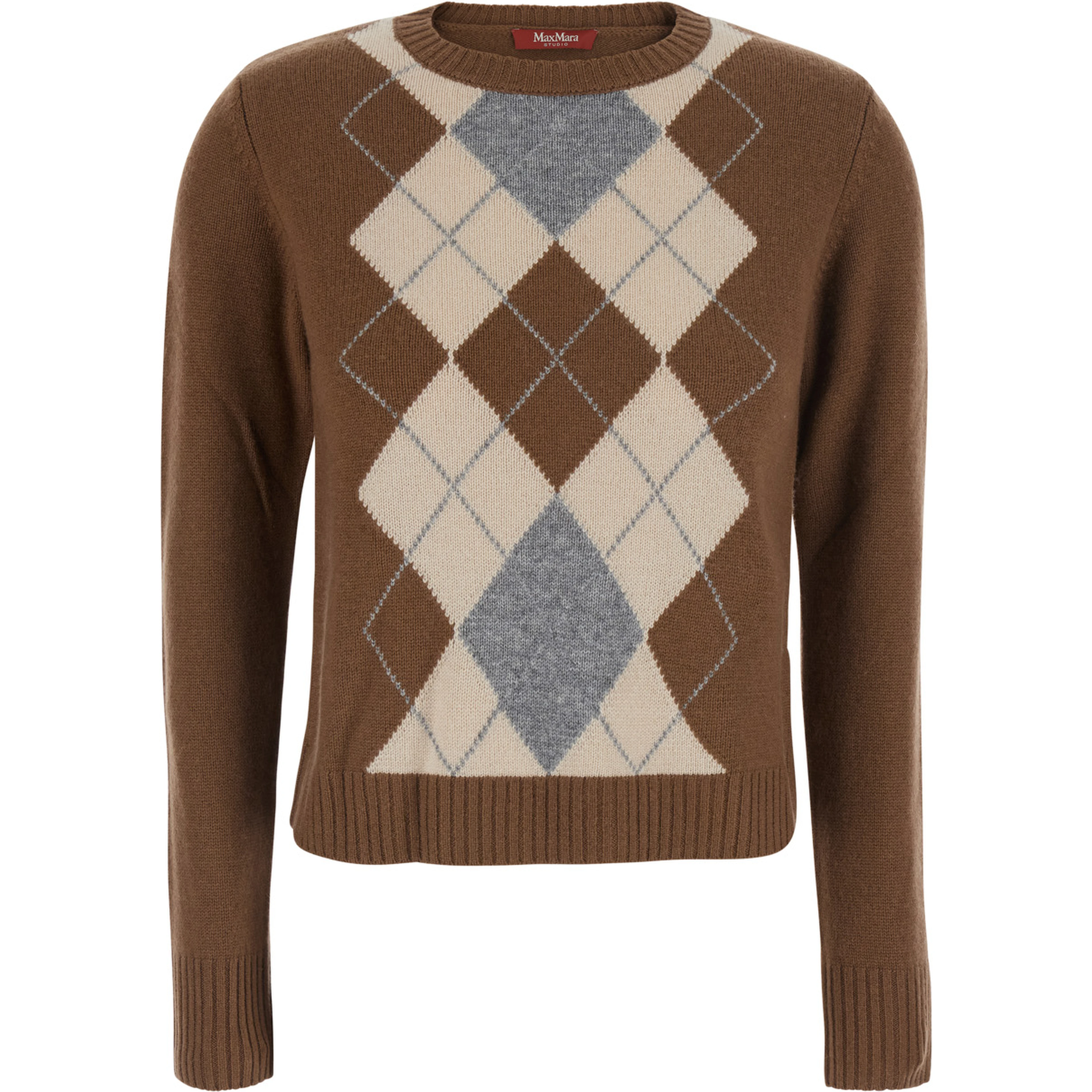 Faraone Brown Short Crew Neck Sweater with Diamond Motif on the Front in Wool and Cashmere for Women