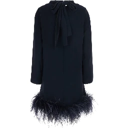 Black High Neck Dress with Bow on the Back and Feather Hem in Tech Fabric for Women