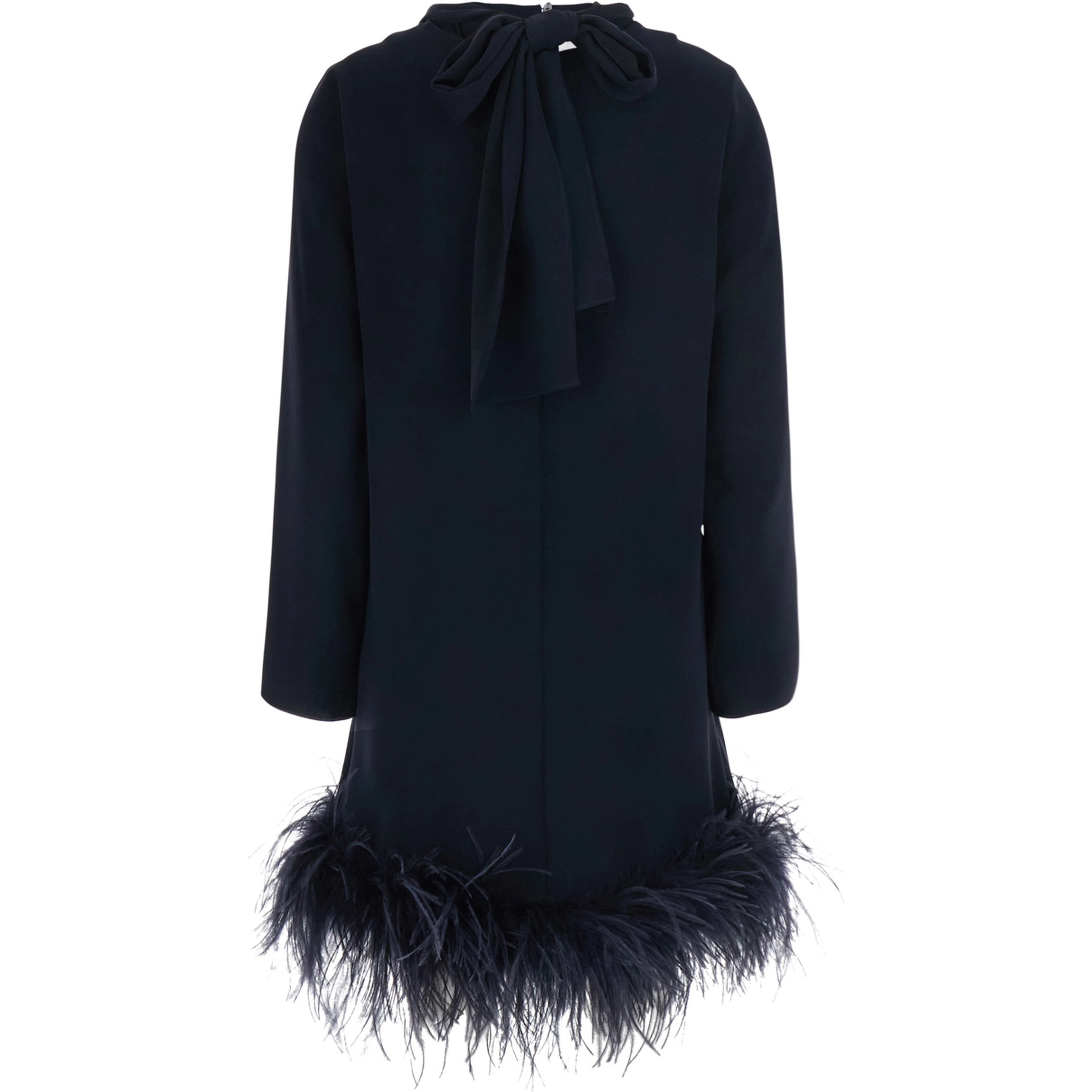Black High Neck Dress with Bow on the Back and Feather Hem in Tech Fabric for Women