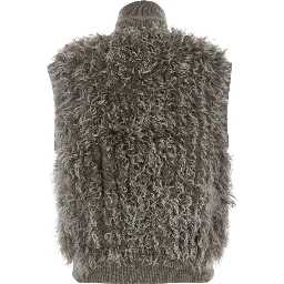 Beige Sleeveless Jacket with High Collar and Applied Fur in Wool for Women