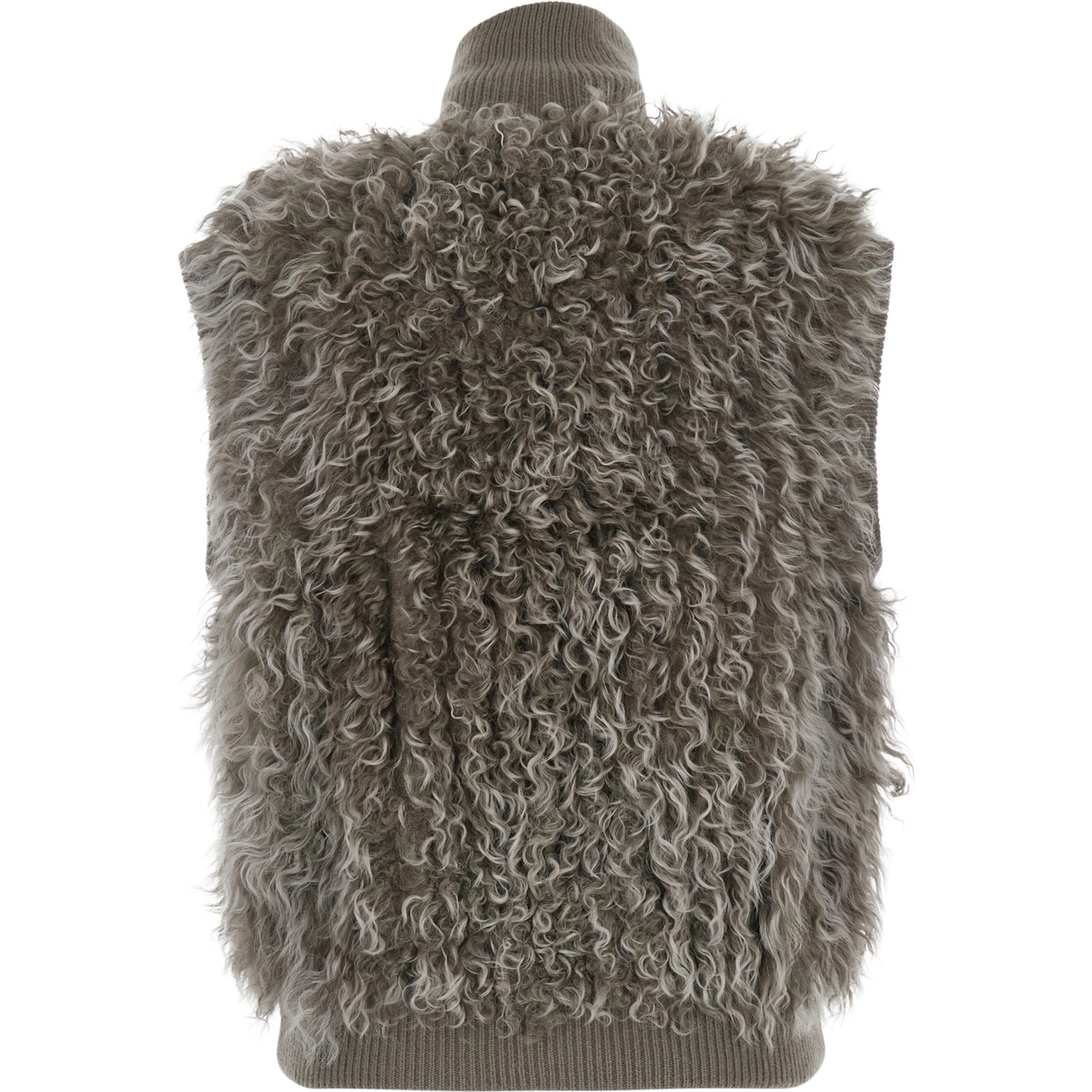 Beige Sleeveless Jacket with High Collar and Applied Fur in Wool for Women