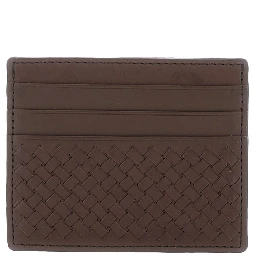 Brown Card Holder with Woven Design in Leather for Women