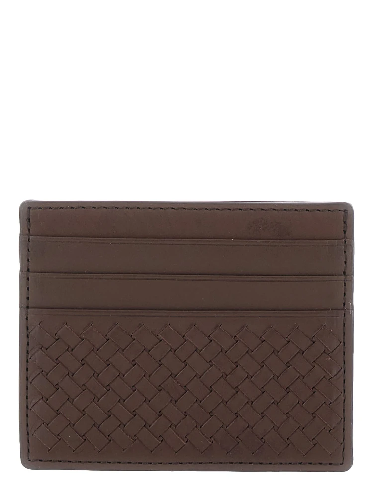 Brown Card Holder with Woven Design in Leather for Women