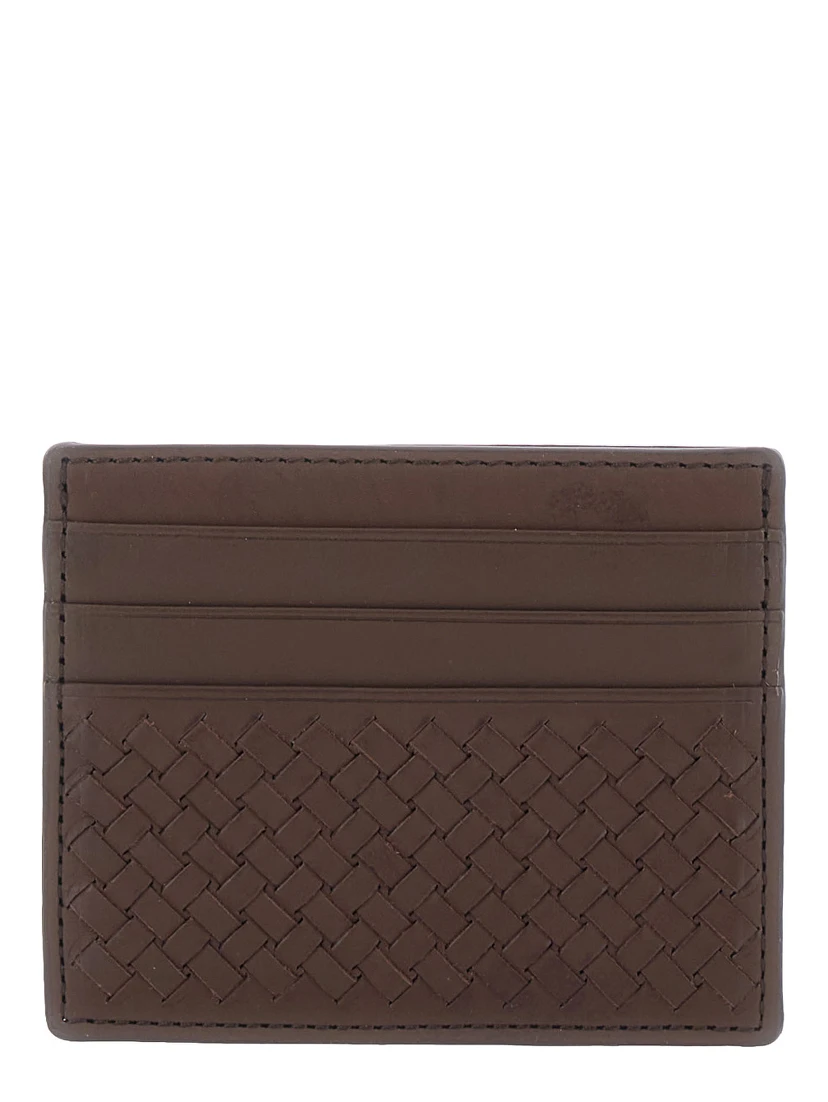 Brown Card Holder with Woven Design in Leather for Women