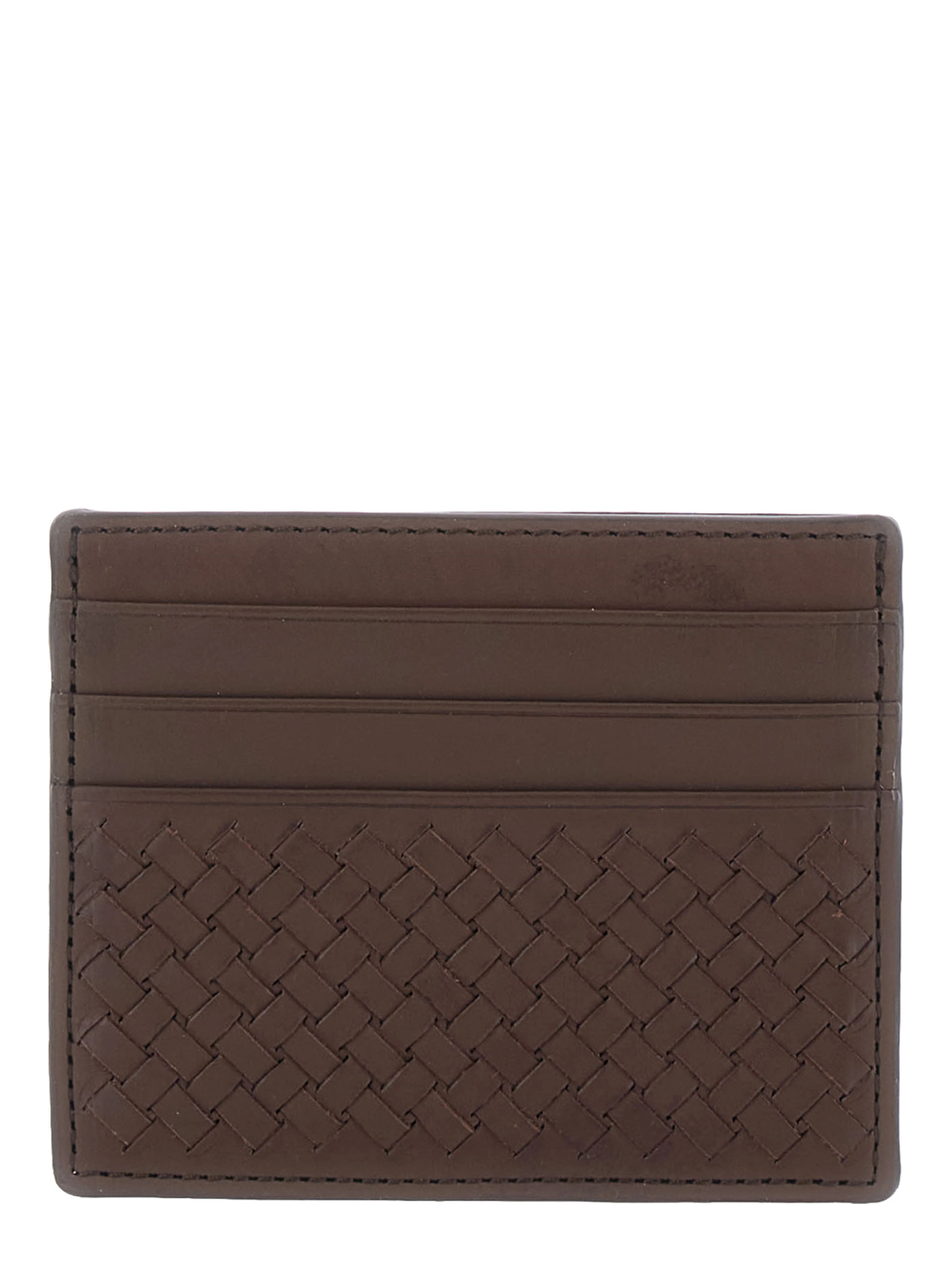 Brown Card Holder with Woven Design in Leather for Women