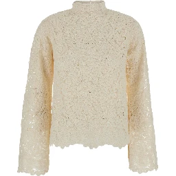 beige Sweater with lace details and perforated design in fabric for women