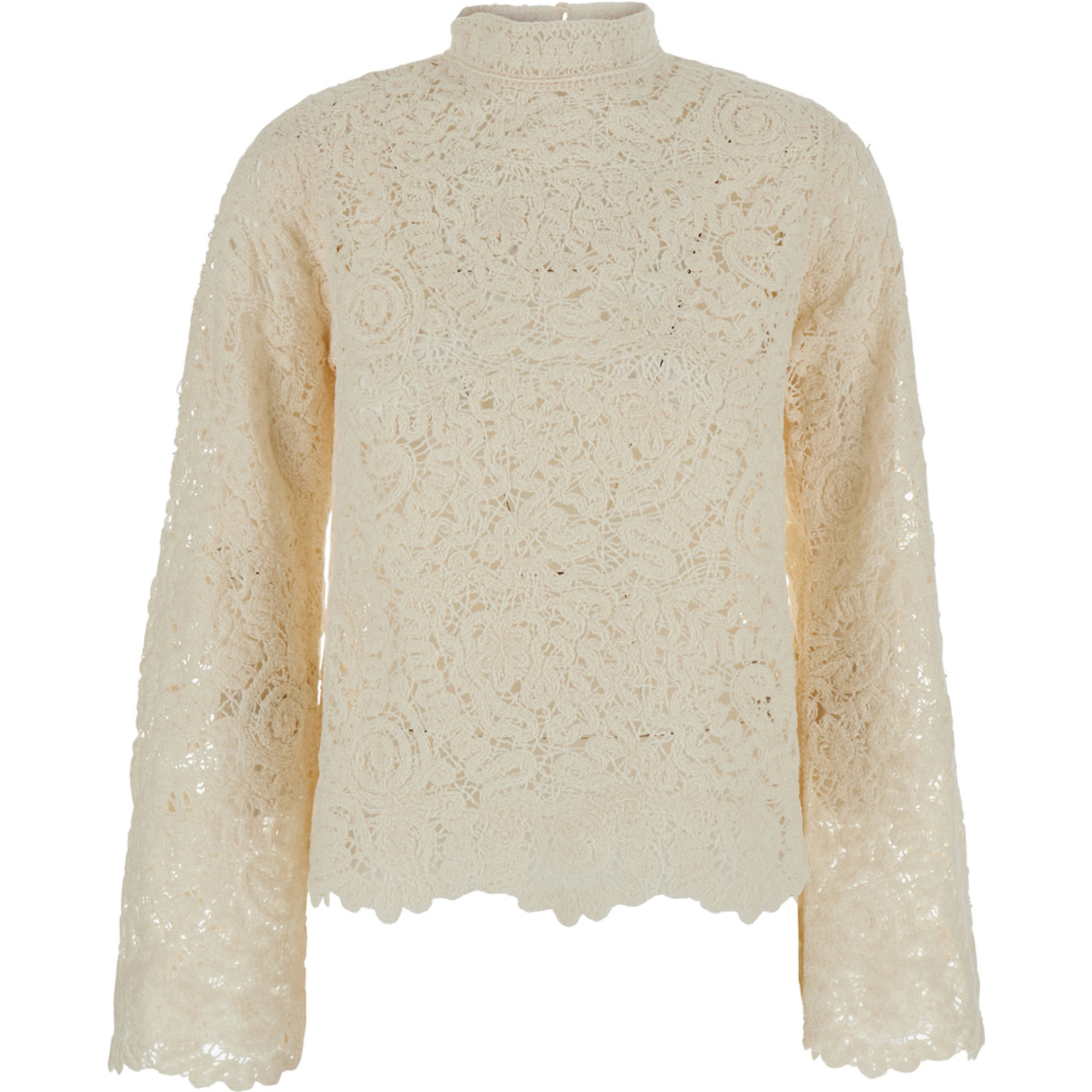 beige Sweater with lace details and perforated design in fabric for women