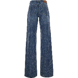 Blue Jeans with logo patch on the back and all-over crystals in denim for women
