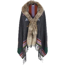 Grey Navajo Shawl with faux fur and decorative prints in wool blend for women