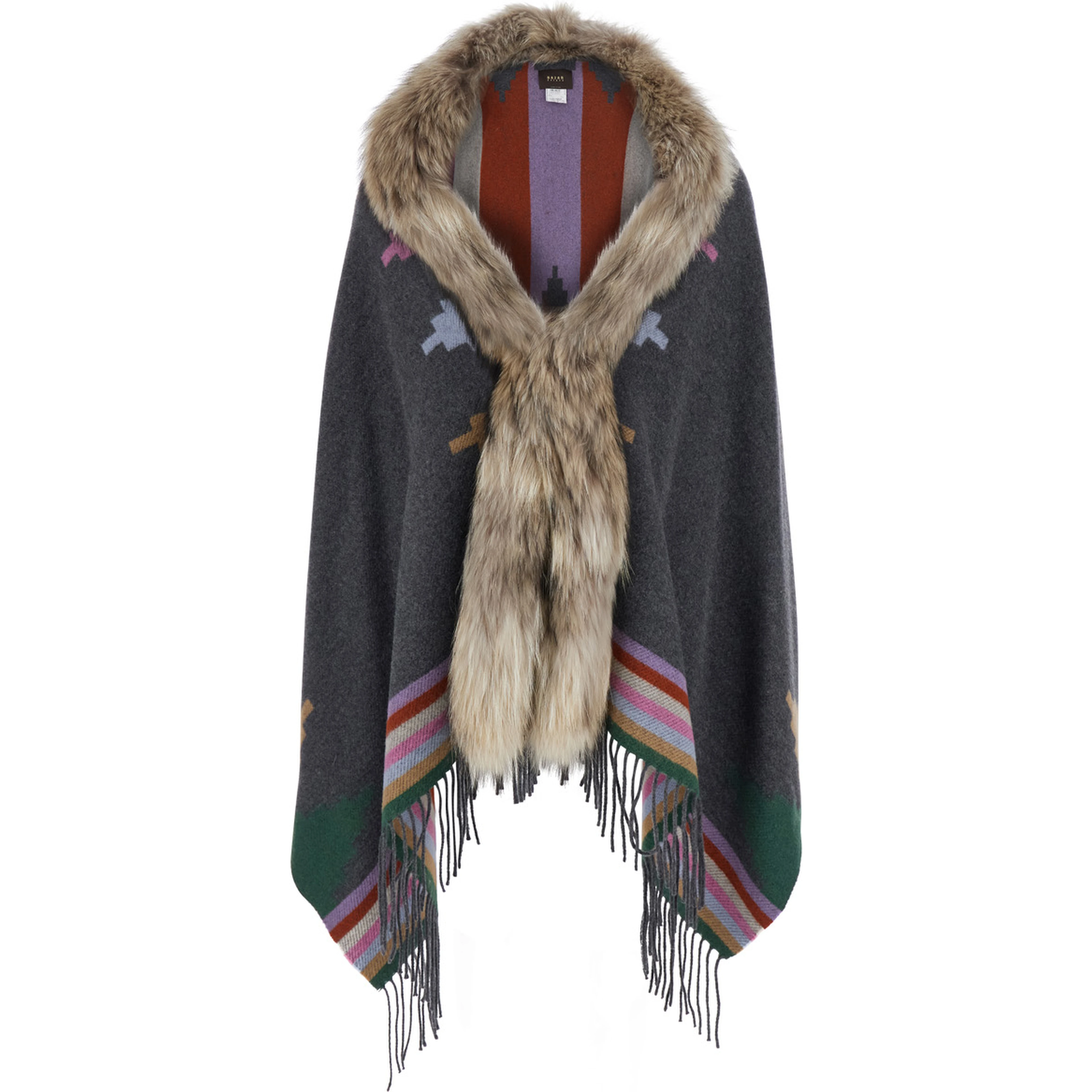 Grey Navajo Shawl with faux fur and decorative prints in wool blend for women