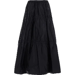 Black Midi skirt with tone-on-tone logo patch and ruffles in tech fabric for women