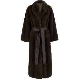 brown Long coat with adjustable waist belt in faux fur for women