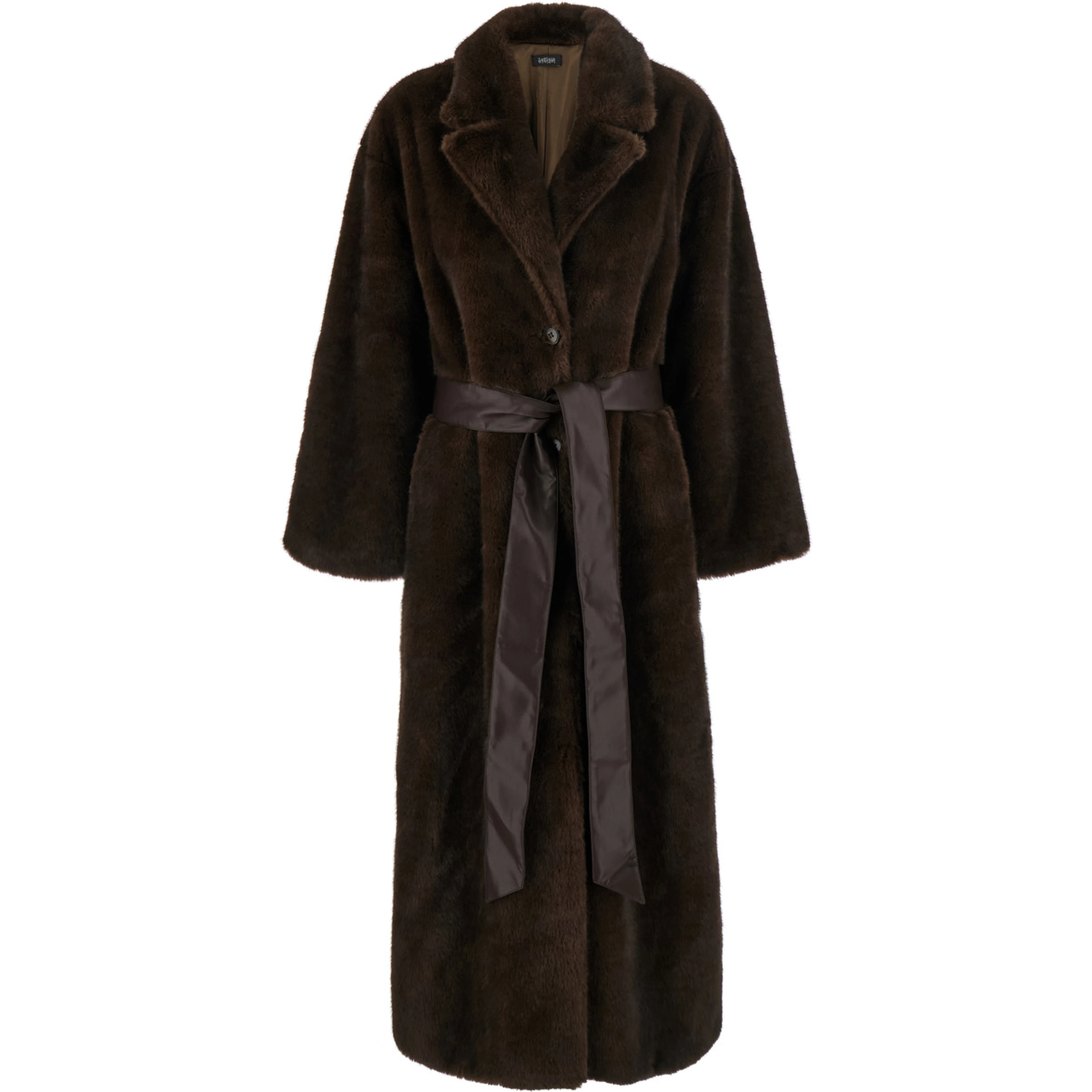 brown Long coat with adjustable waist belt in faux fur for women