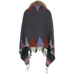 Grey Navajo Shawl with faux fur and decorative prints in wool blend for women