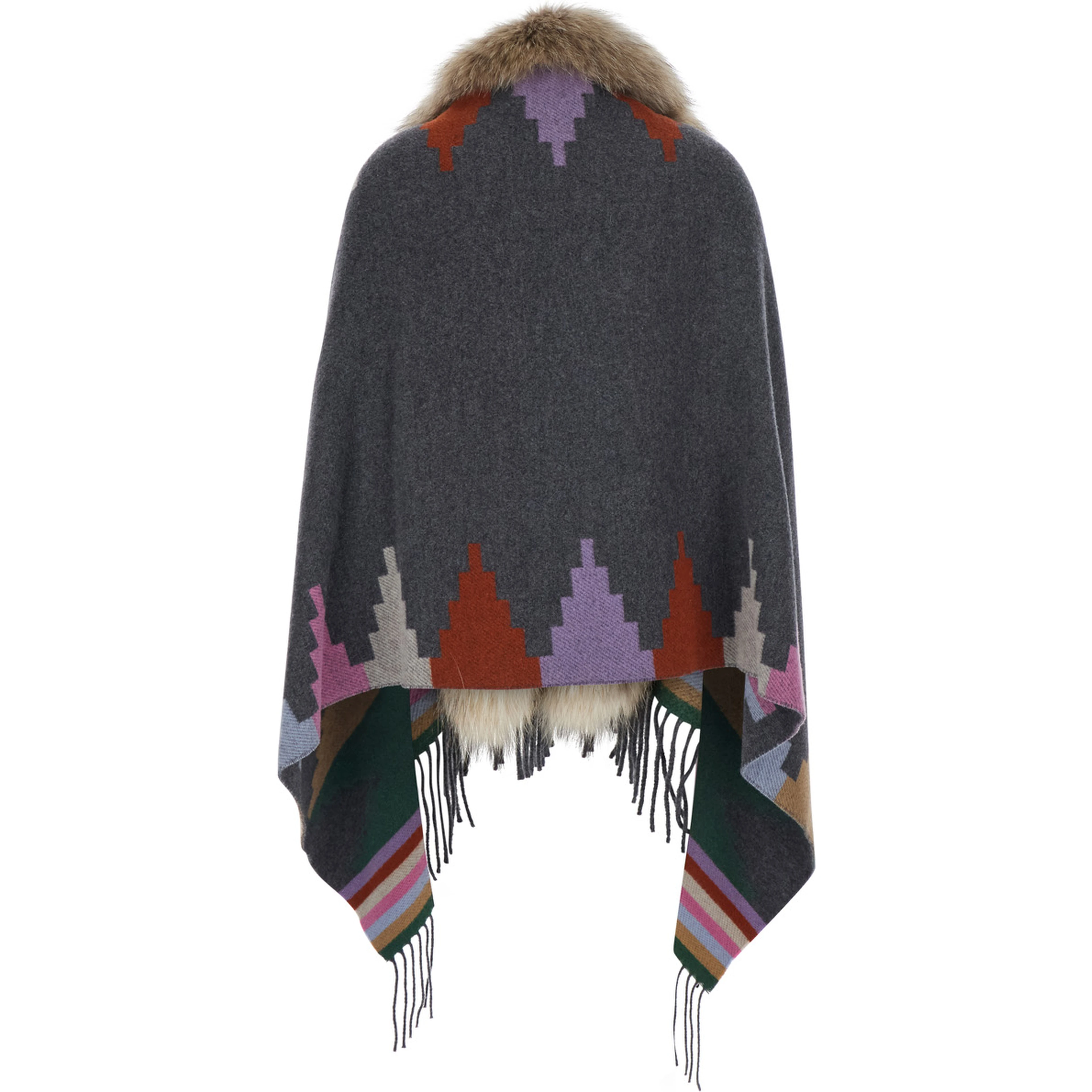 Grey Navajo Shawl with faux fur and decorative prints in wool blend for women