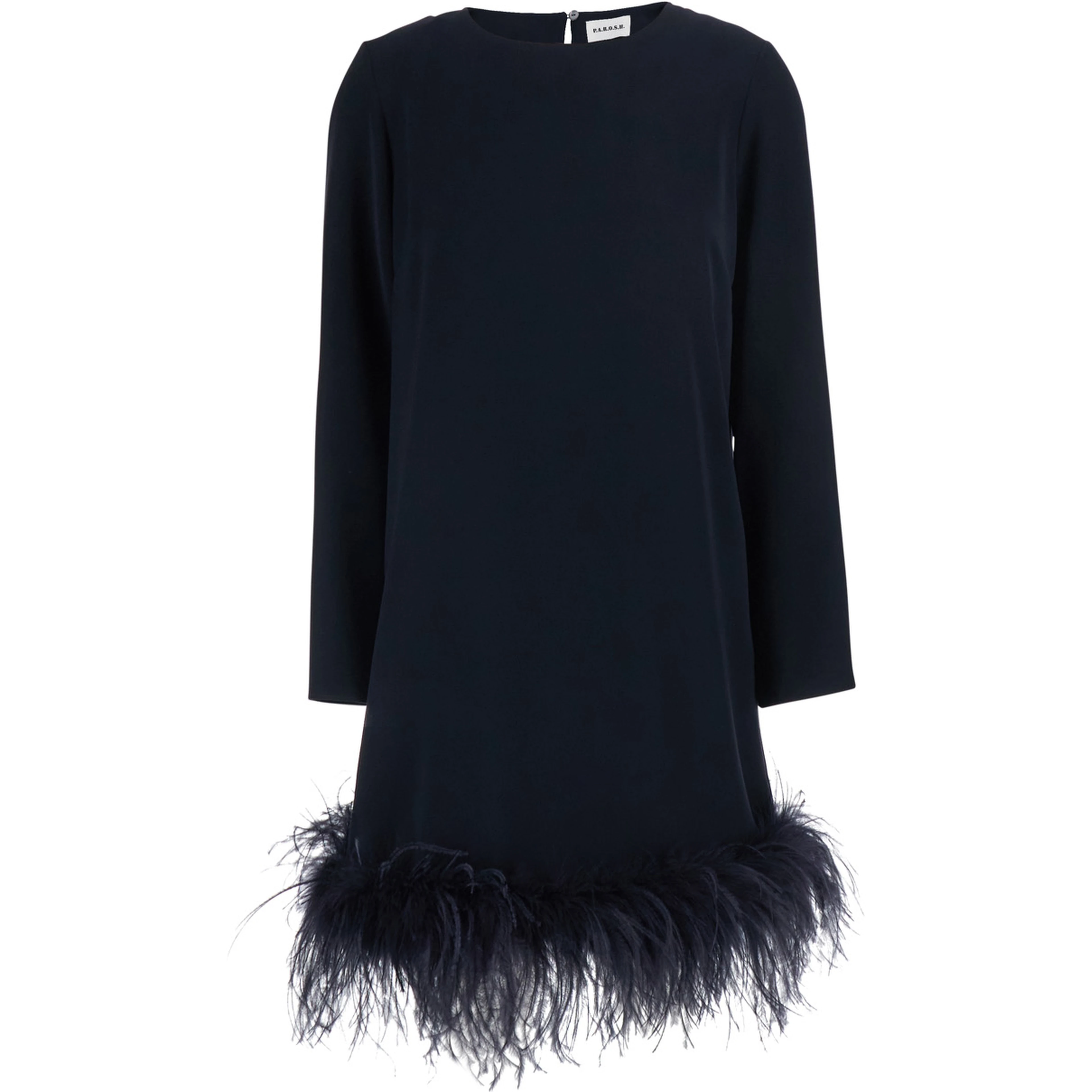 Black High Neck Dress with Bow on the Back and Feather Hem in Tech Fabric for Women