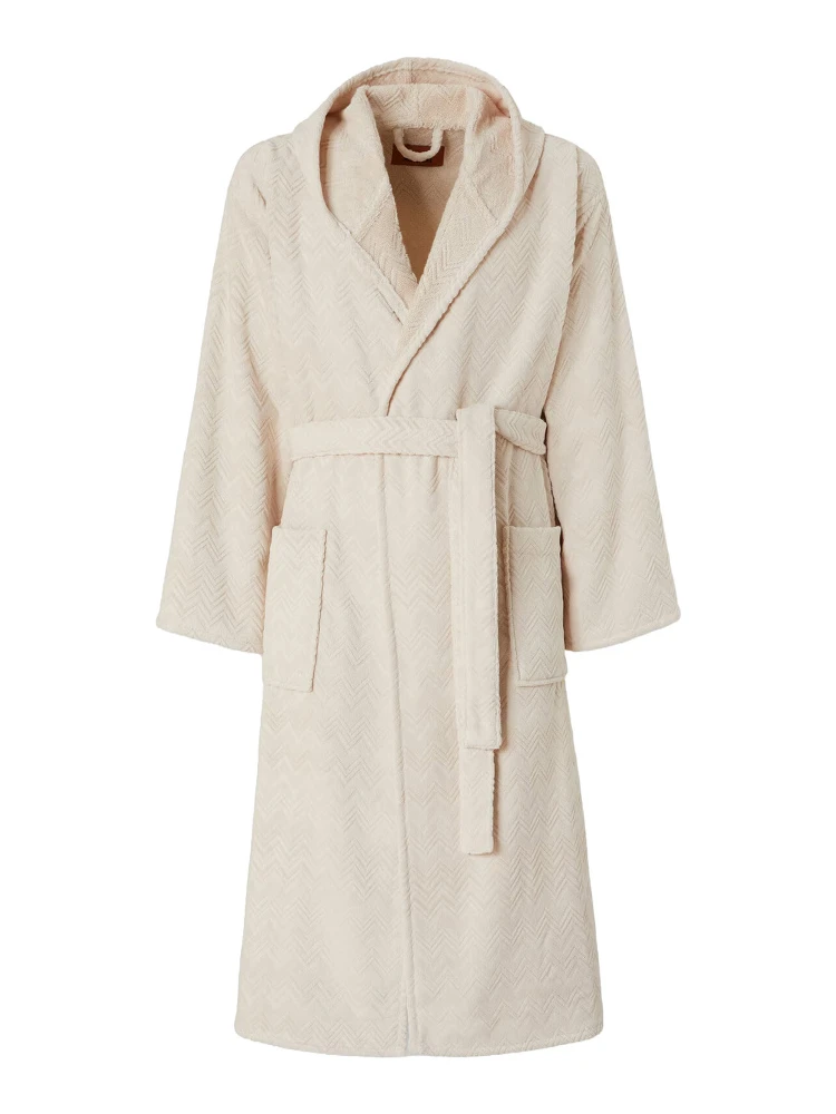 white Bathrobe with hood and Zig-Zag motif in cotton terry Home