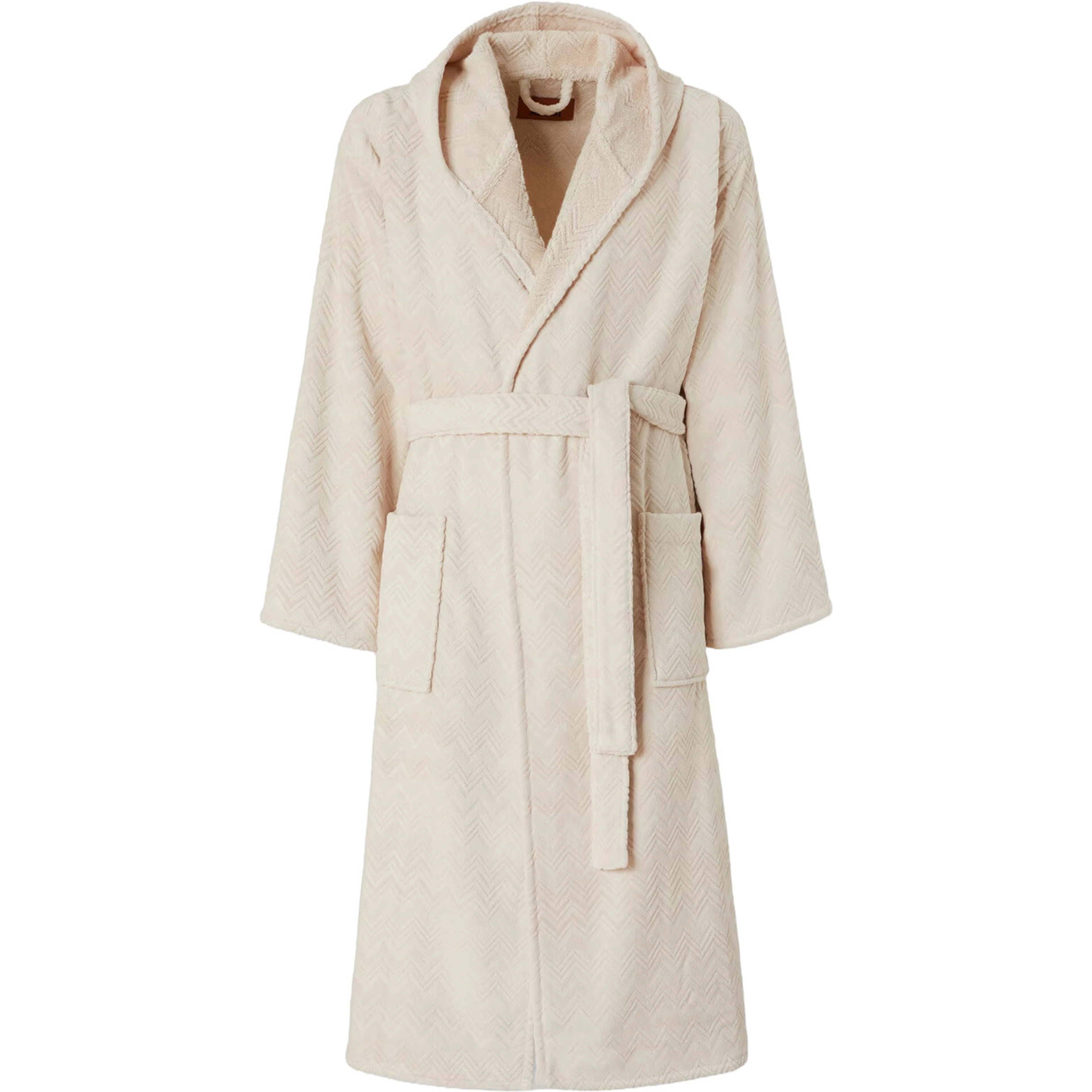 white Bathrobe with hood and Zig-Zag motif in cotton terry Home