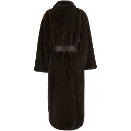 brown Long coat with adjustable waist belt in faux fur for women