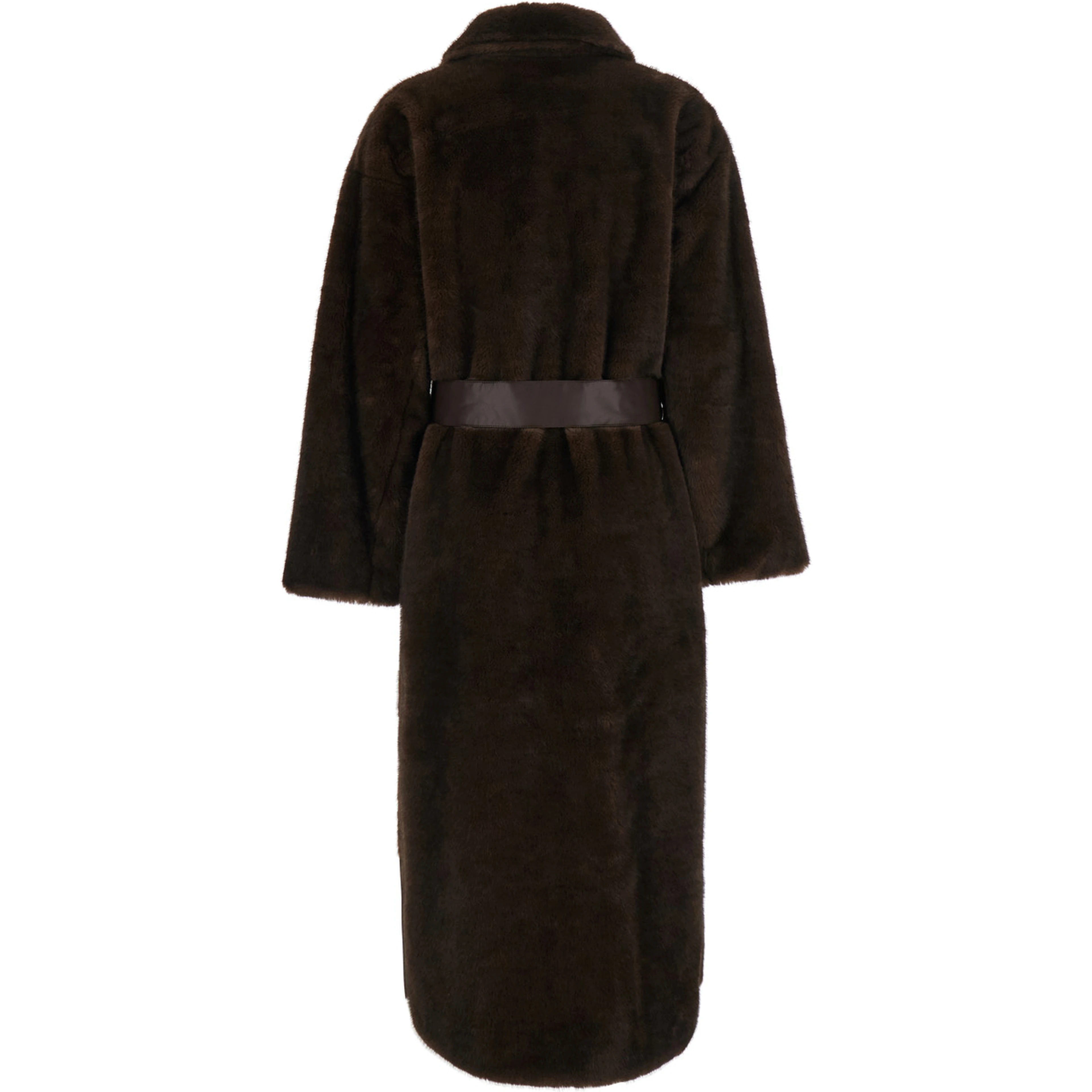 brown Long coat with adjustable waist belt in faux fur for women