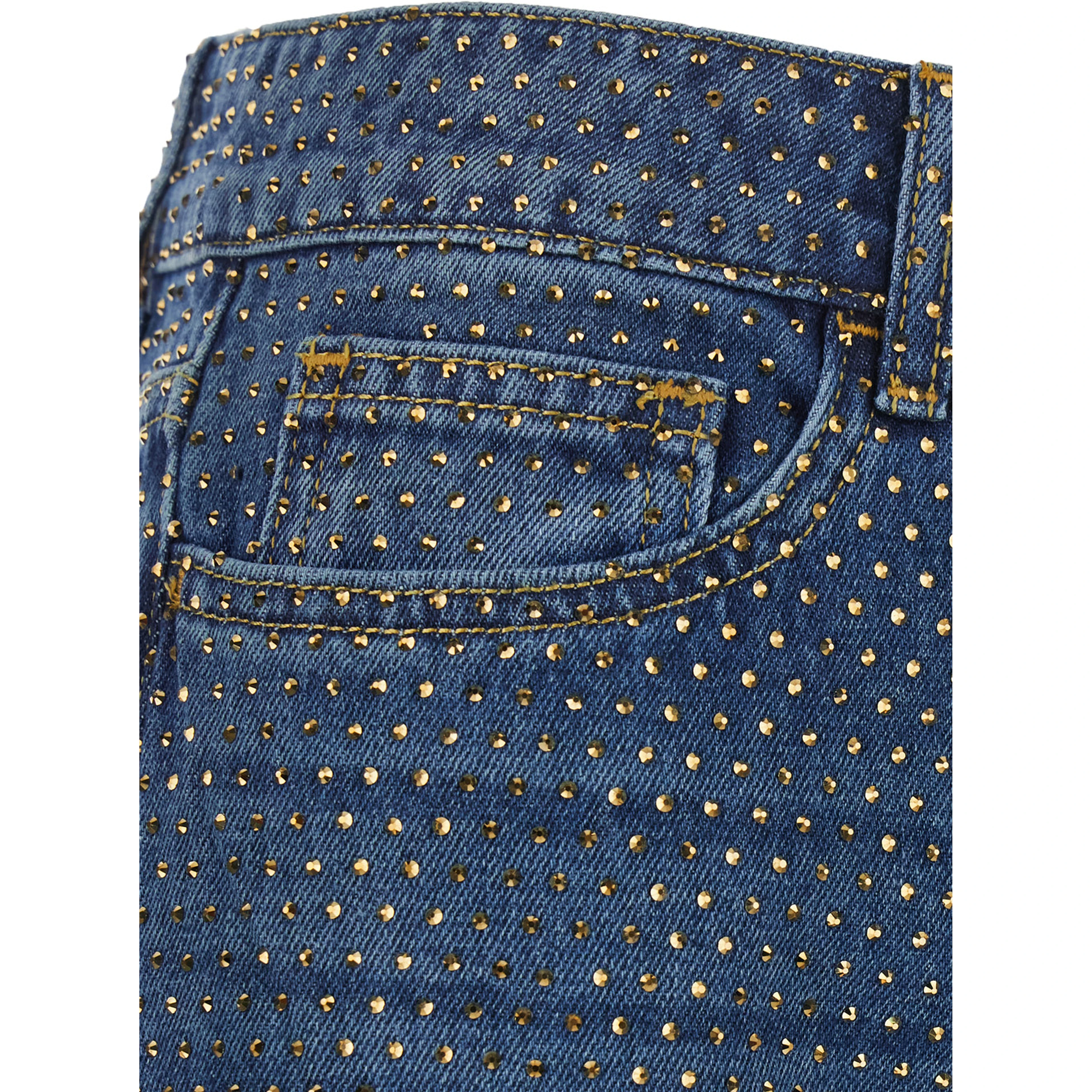 Blue Jeans with logo patch on the back and all-over crystals in denim for women