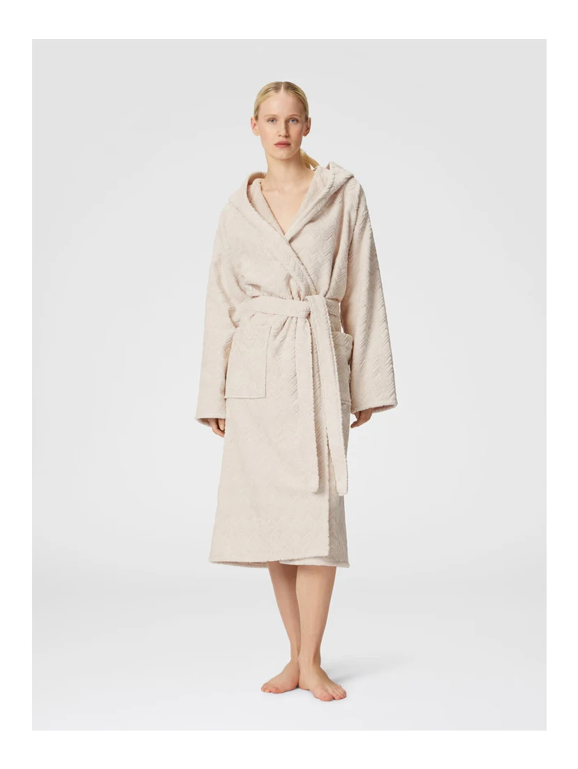 white Bathrobe with hood and Zig-Zag motif in cotton terry Home