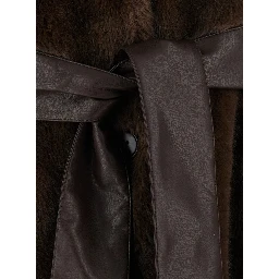 brown Long coat with adjustable waist belt in faux fur for women