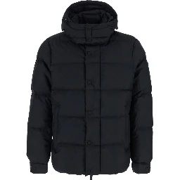 black Down jacket with fixed hood and long sleeves in Tech Fabric for men