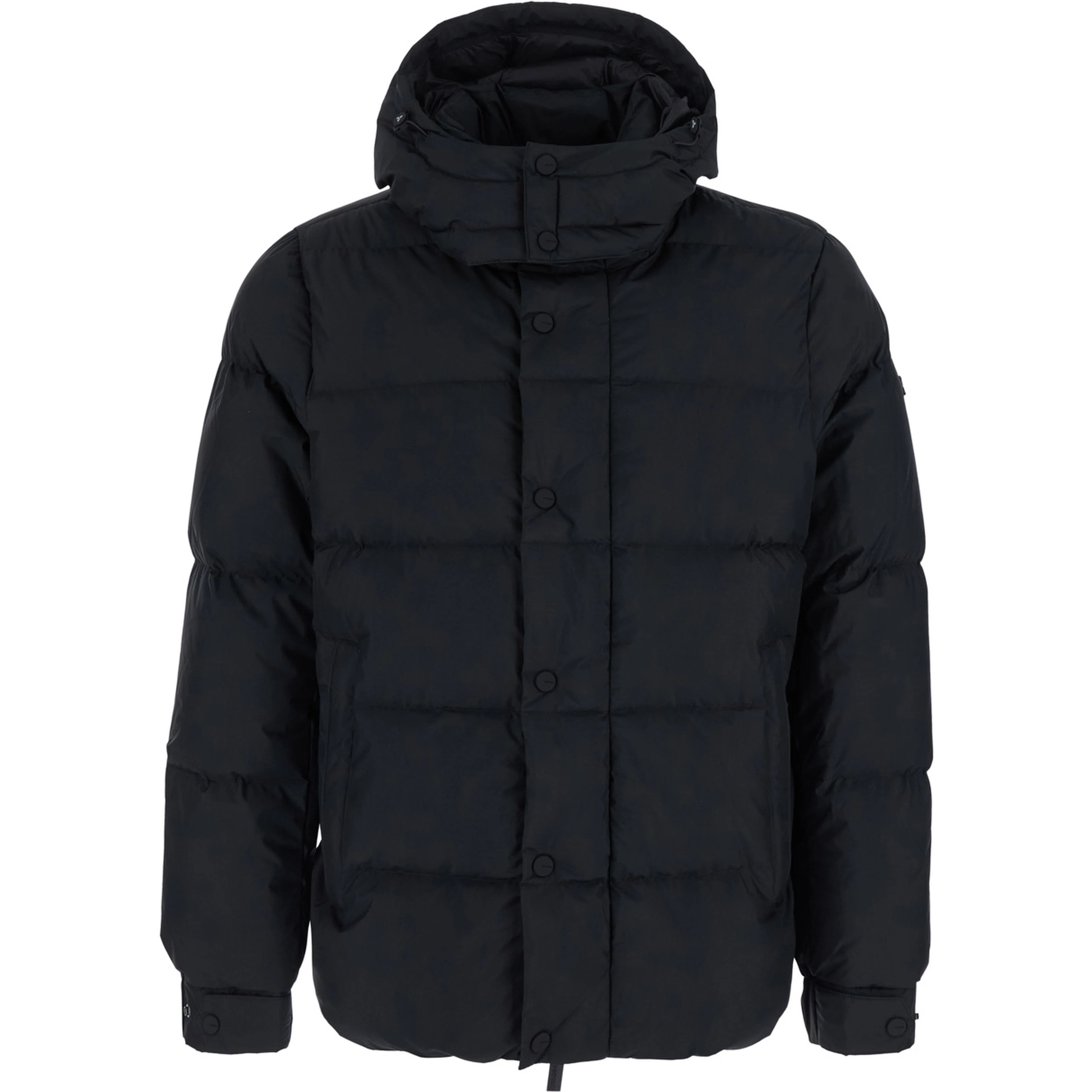 black Down jacket with fixed hood and long sleeves in Tech Fabric for men