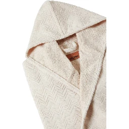white Bathrobe with hood and Zig-Zag motif in cotton terry Home