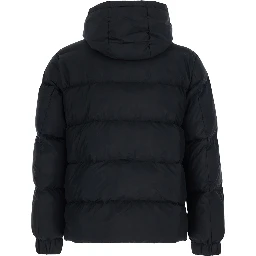 black Down jacket with fixed hood and long sleeves in Tech Fabric for men