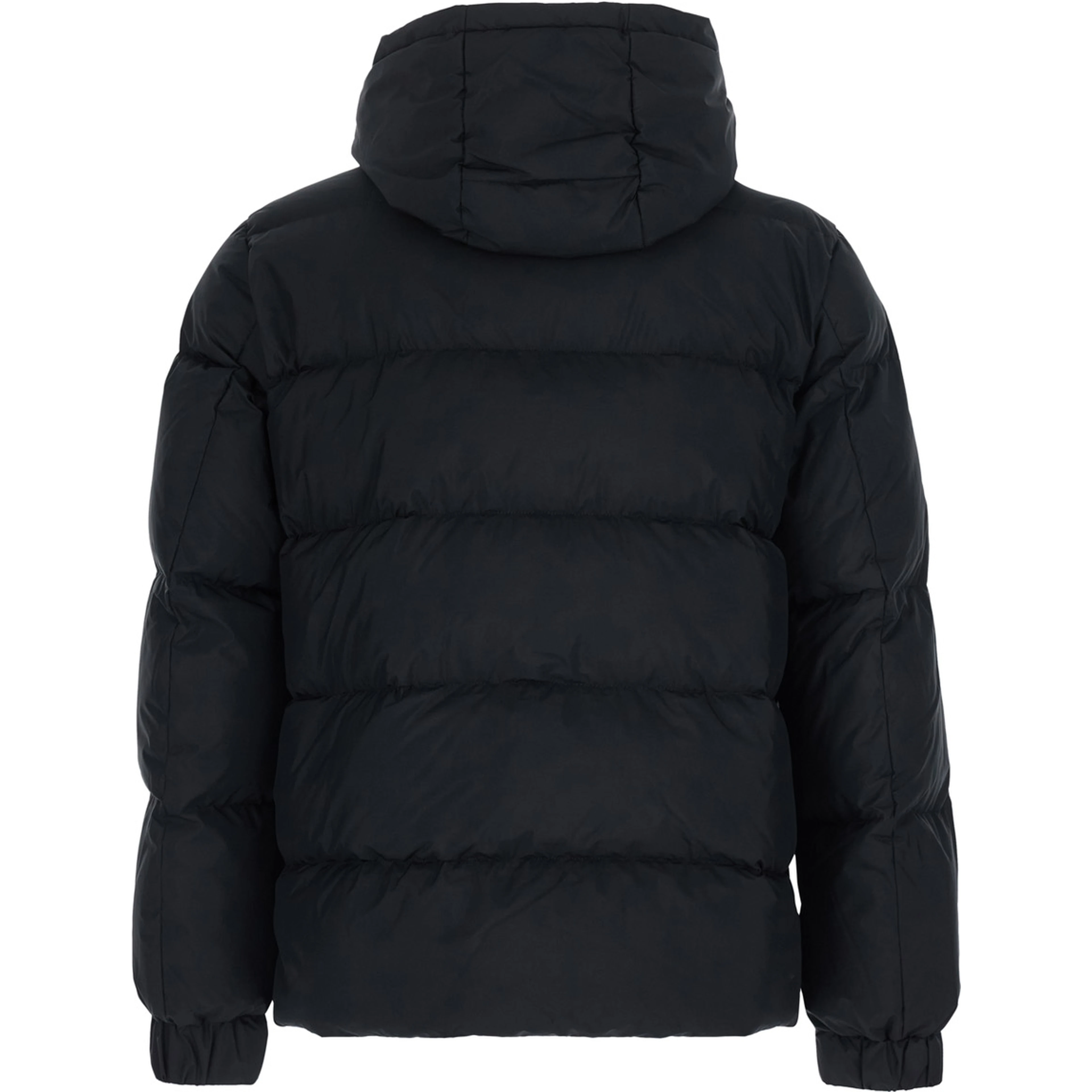 black Down jacket with fixed hood and long sleeves in Tech Fabric for men