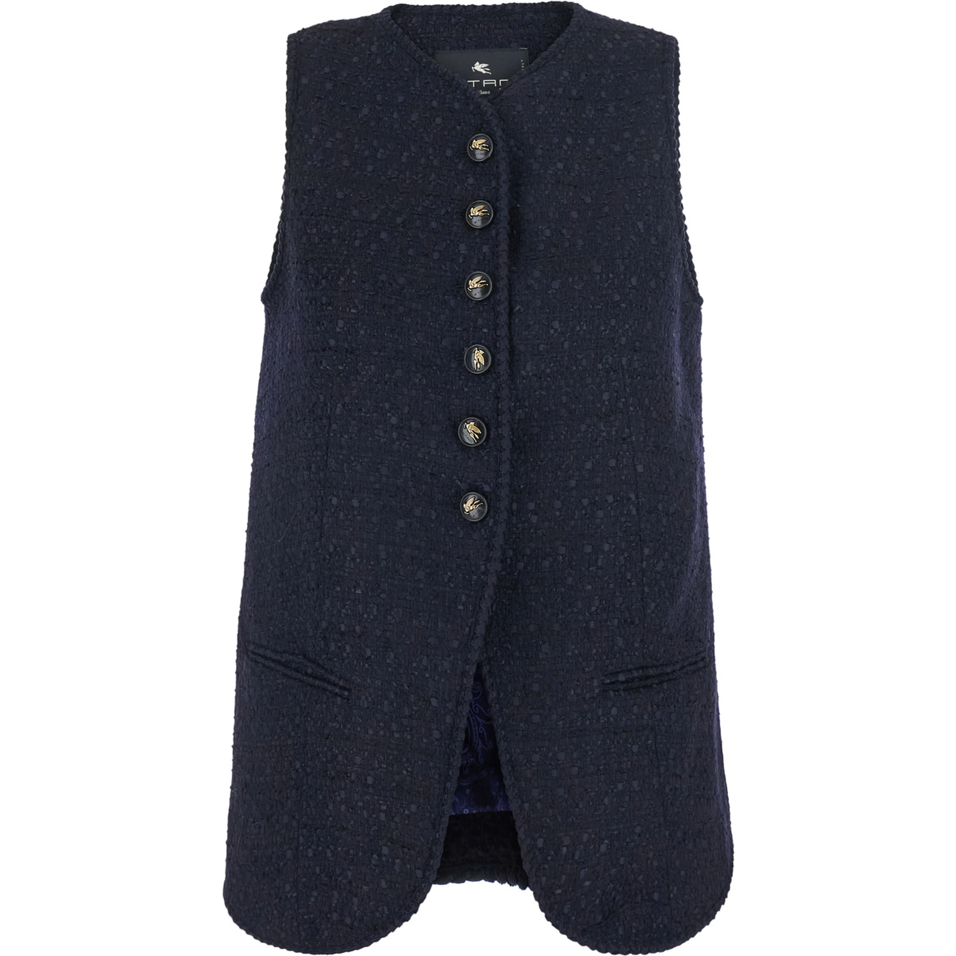 Blue Sleeveless Round Neck Jacket with A-Line Design in Blend Wool Women