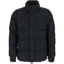 black Down jacket with fixed hood and long sleeves in Tech Fabric for men