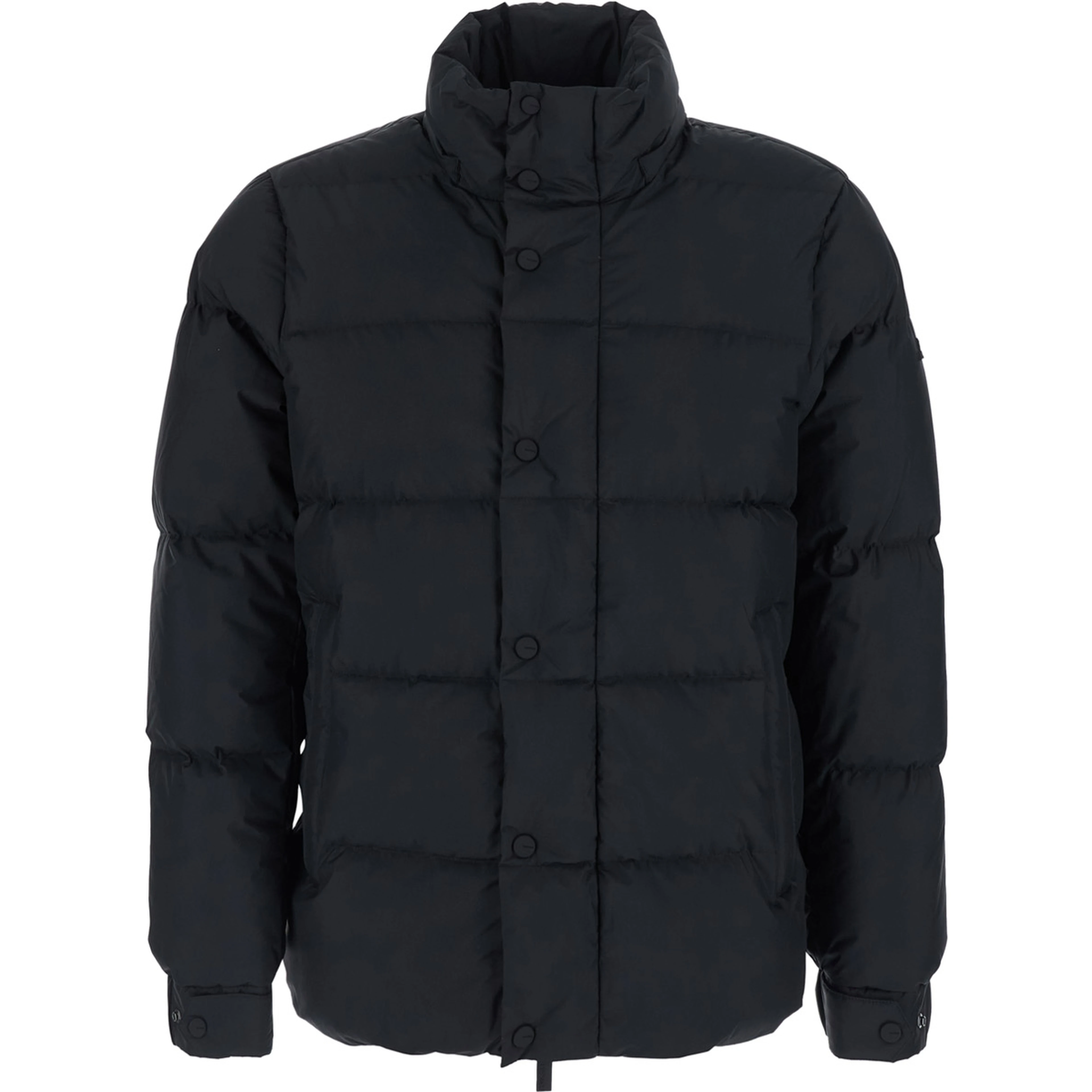 black Down jacket with fixed hood and long sleeves in Tech Fabric for men