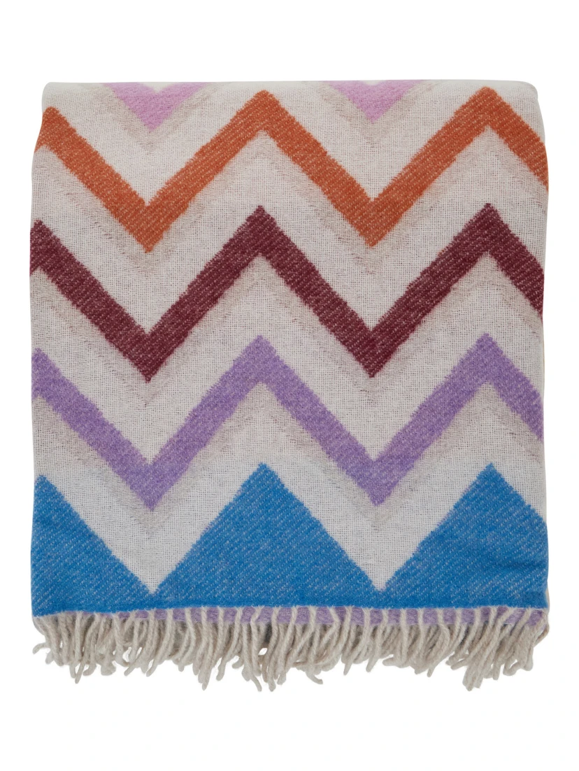 Blanket Watamu with Fringed Edge and ZigZag Motif in Multicolor Blend Wool Unisex
