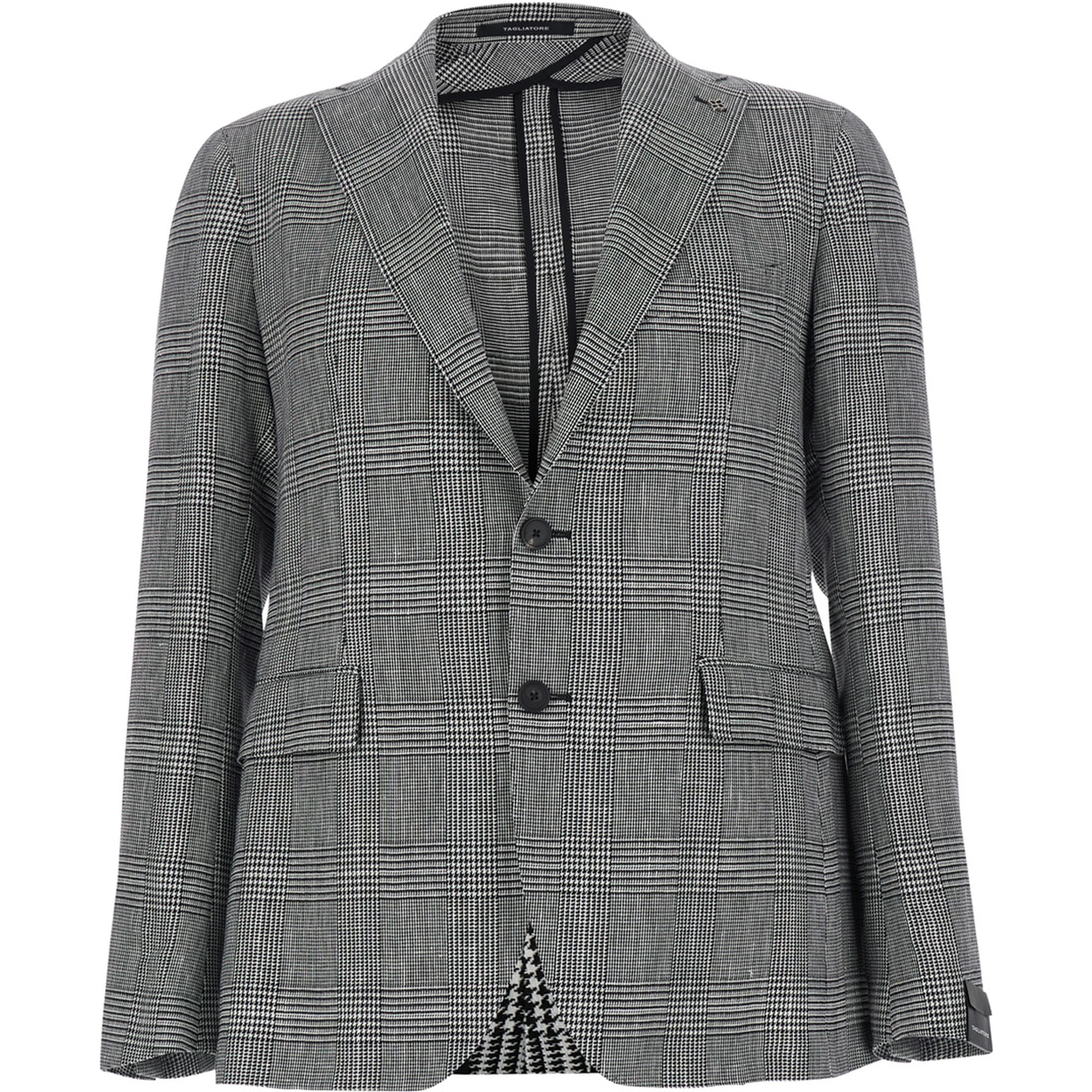 Grey Single-Breasted Jacket with Notched Revers and All-Over Houndstooth Motif in Cotton and Linen Man